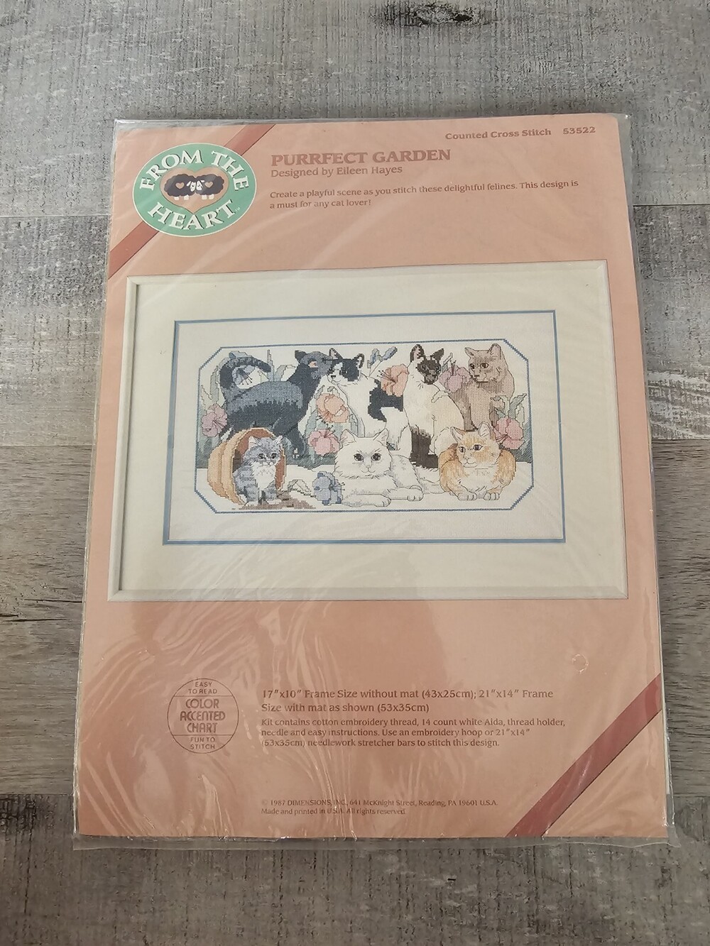 New Sealed 1987 USA From The Heart Purrfect Garden 17x10” Cat Cross Stitch 241a